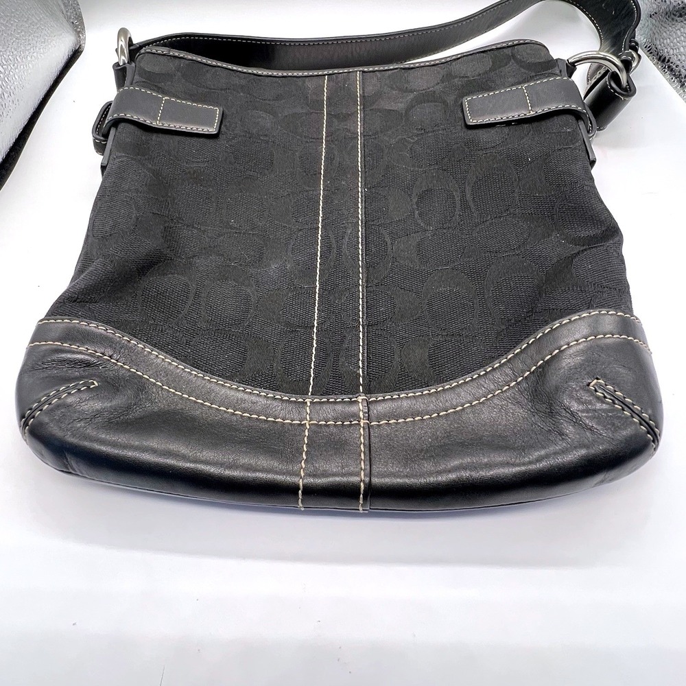 Coach Signature Jacquard Black Fabric‎ With Leather Shoulder Bag Hobo J05M-3577 - Picture 8 of 13